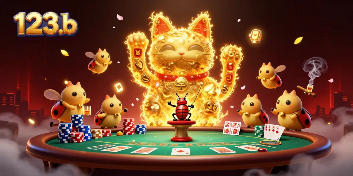 Experience the charm of 123b as a lucky cat surrounded by vibrant casino elements and poker excitement.