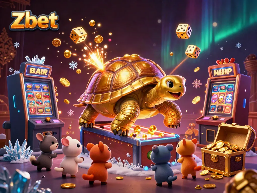 Engage in thrilling casino games with Zbet, exploring vibrant scenes of animated characters and jackpots.