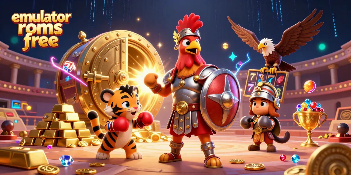 Spin the reels with emulator roms free in this vibrant casino scene featuring 3D characters and gold treasures.