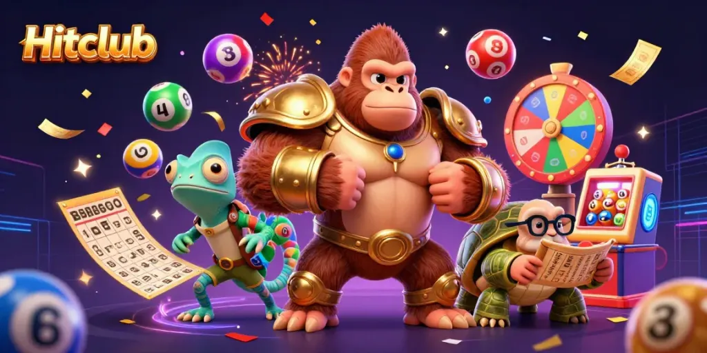 Experience the thrilling excitement of Hitclub with vibrant gaming elements and dynamic cartoon characters.
