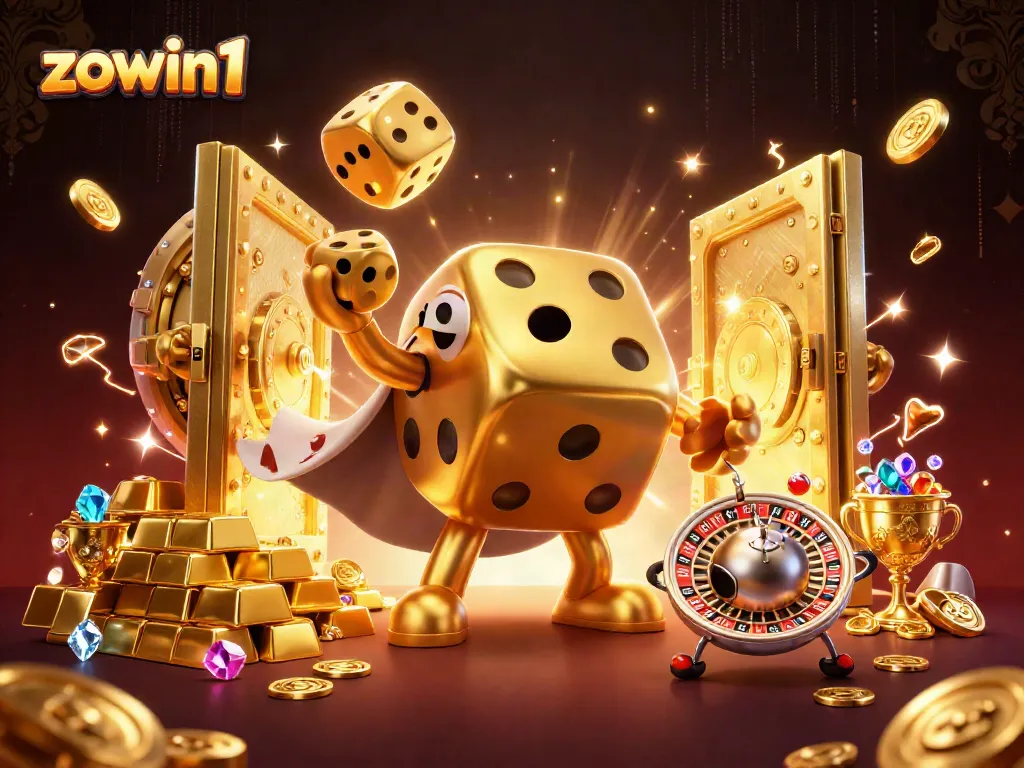 Experience ultimate excitement with zowin1 in a vibrant casino-themed 3D illustration.