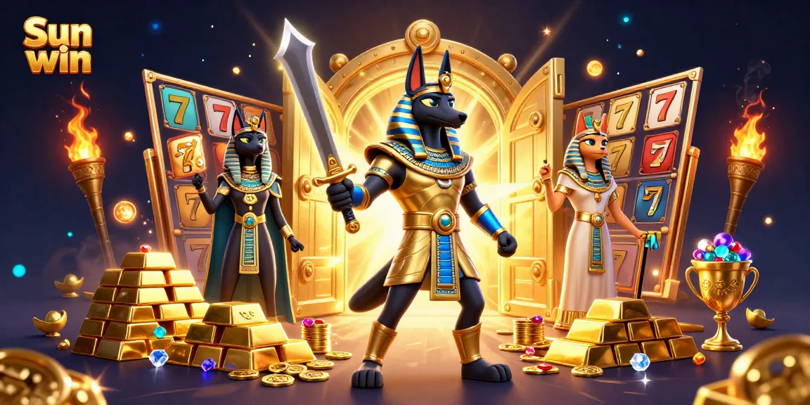 Experience the excitement of Sun win as ancient Egyptian warriors and treasures come alive in this casino-themed art.