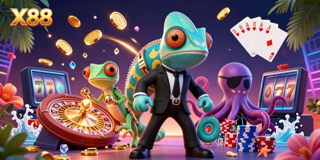 X88 reveals thrilling casino action with a dynamic scene featuring a secret agent chameleon, a tech-gecko, and an octopus.