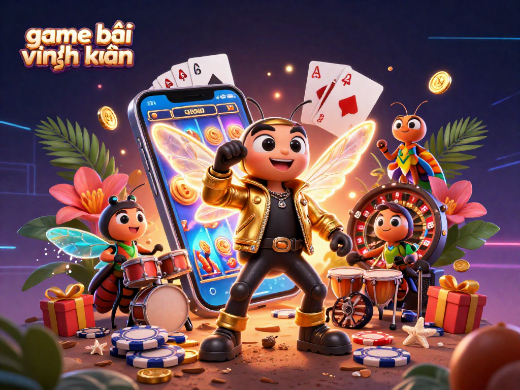 Game bài vĩnh xuân showcases an exciting 3D scene with vibrant characters and dynamic slot game elements.