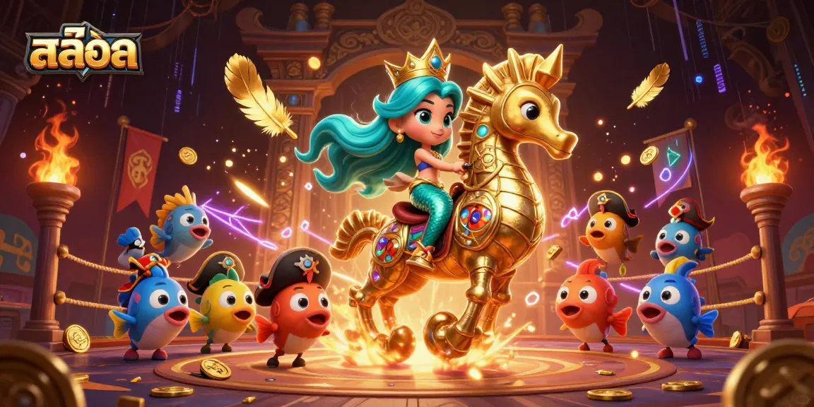 Engaging scene with สล็อต elements featuring a mermaid and seahorse in a vibrant casino setting