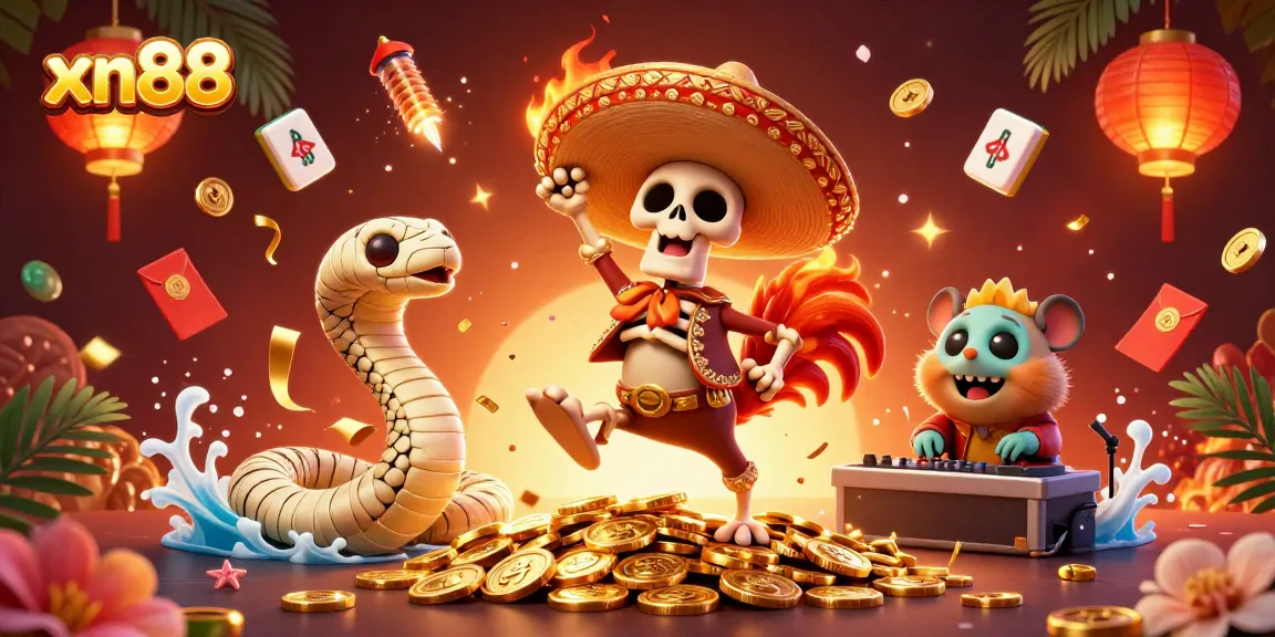 Experience the thrilling action at xn88 with a vibrant 3D illustration of a dancing mariachi rooster and engaging gaming elements.