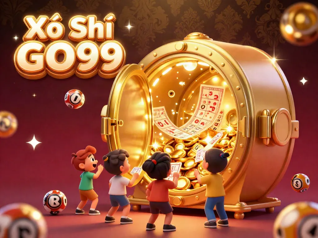 Xổ Số GO99 excitement as players engage with lottery balls amidst a treasure vault.