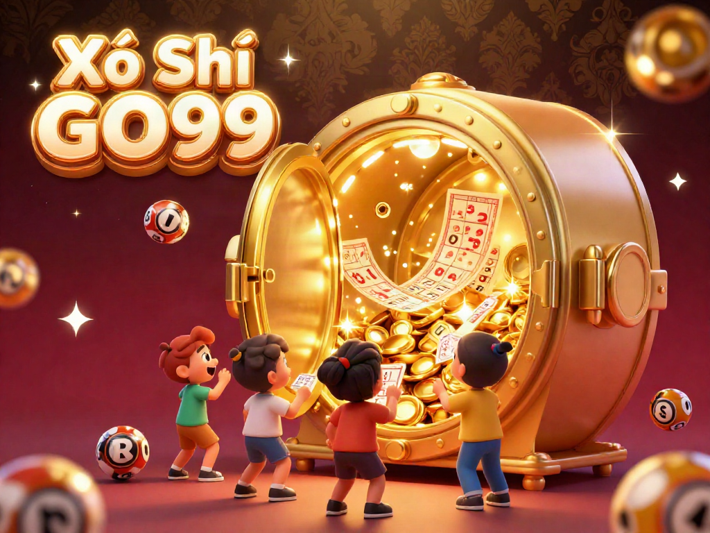 Xổ Số GO99 excitement as players engage with lottery balls amidst a treasure vault.