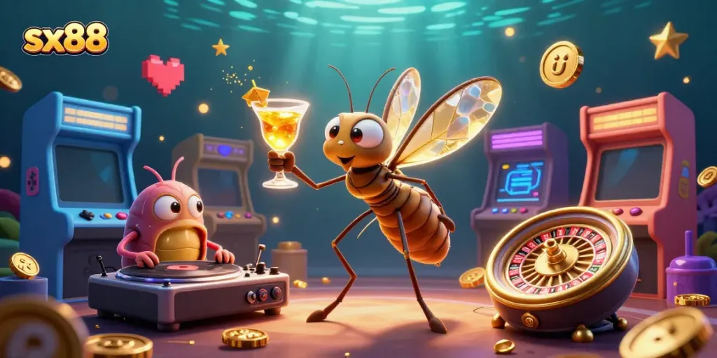 Join the vibrant world of sx88, where a frozen-in-amber mosquito casino mascot stirs up excitement amid cash-filled gaming glory.