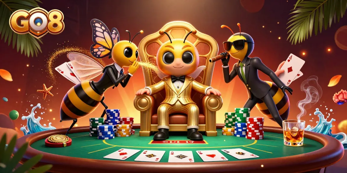 Win big at GO8 casino with an ultra-detailed illustration of a mob-style poker game scene.