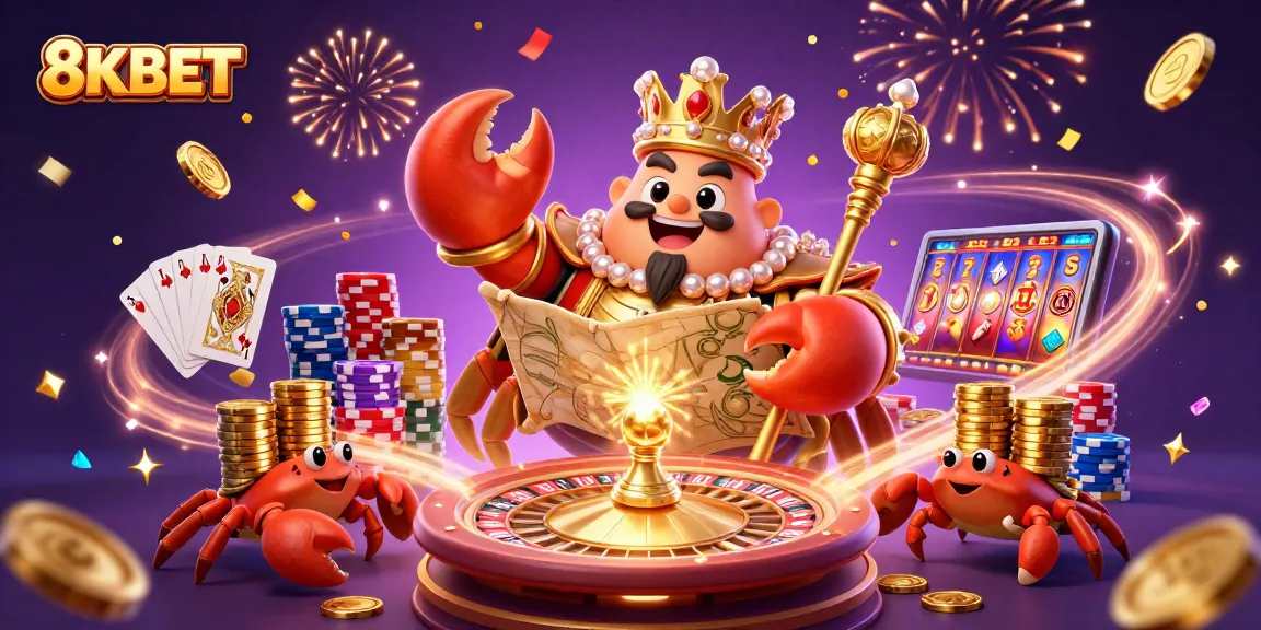 Win big with 8KBET at this animated casino scene featuring a giant crab emperor ruling the gaming realm.