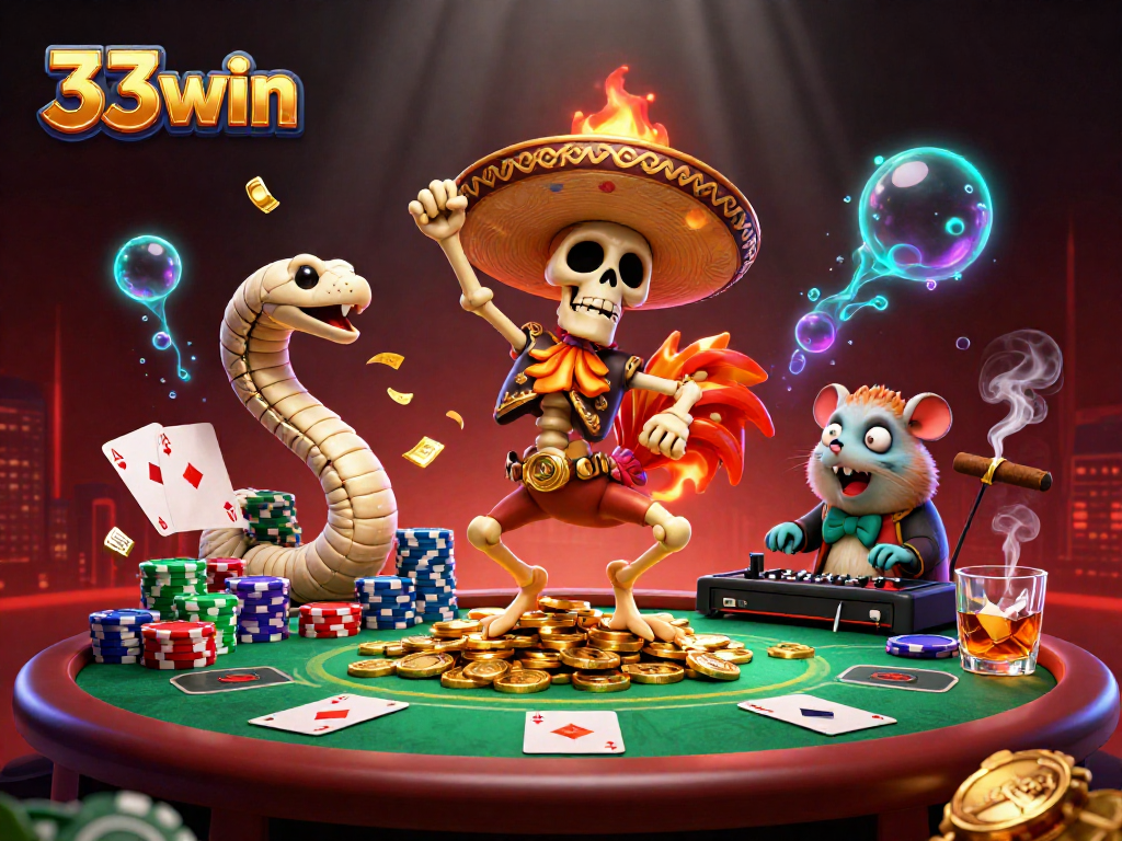 Engage with 33win in a vibrant casino scene featuring characters enjoying poker and dancing.