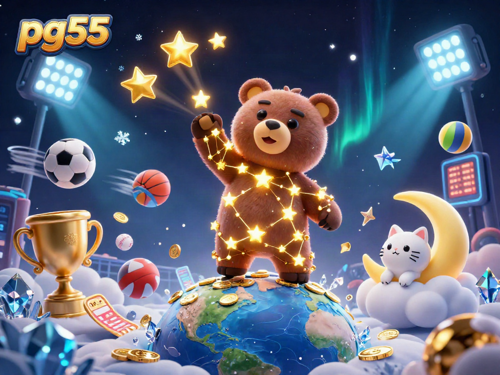 Engage with pg55's dynamic sports scene featuring a constellation bear, coins, and sports elements.