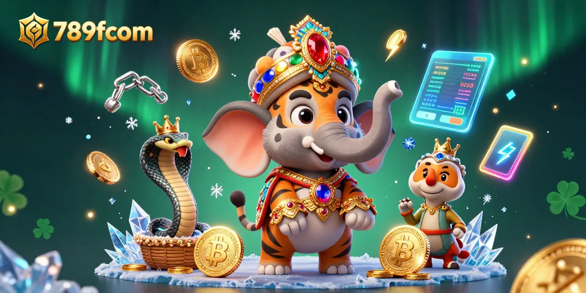 Experience the excitement of 789fcom with a vibrant 3D casino scene featuring a maharaja and an elephant amidst crypto coins.