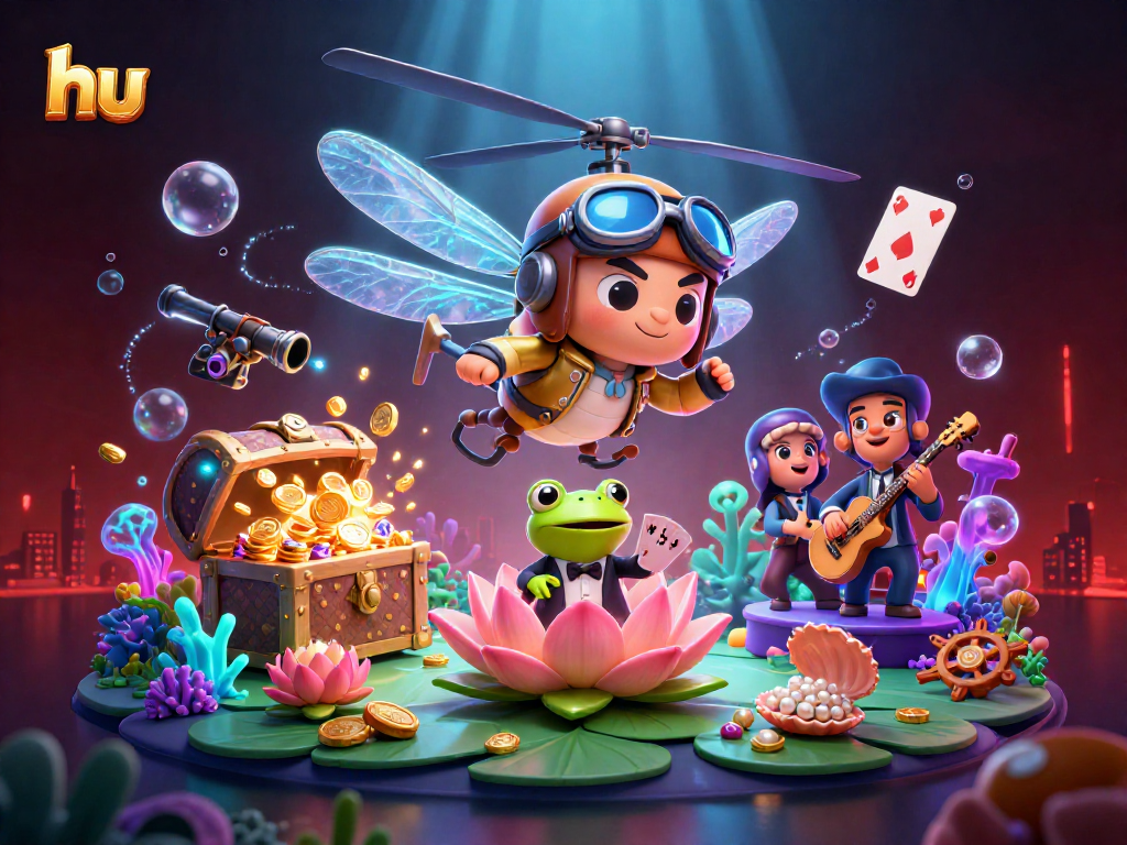 Engage players at the hu casino with dragonfly pilot and frog croupier in vibrant underwater scene.
