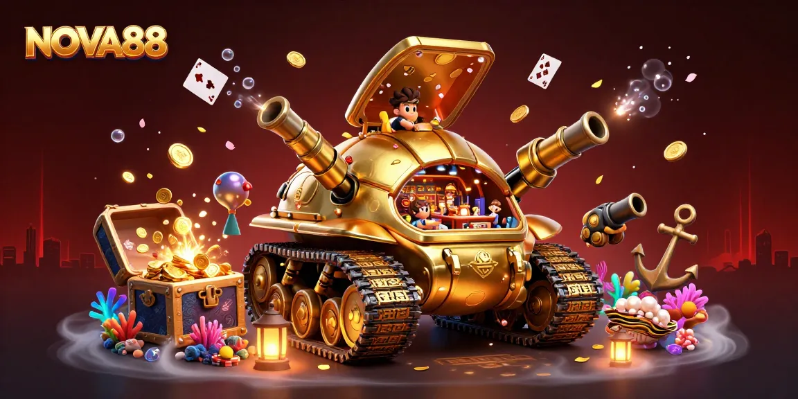 Experience NOVA88's vibrant casino scene with golden beetle tank, confetti, and treasures.