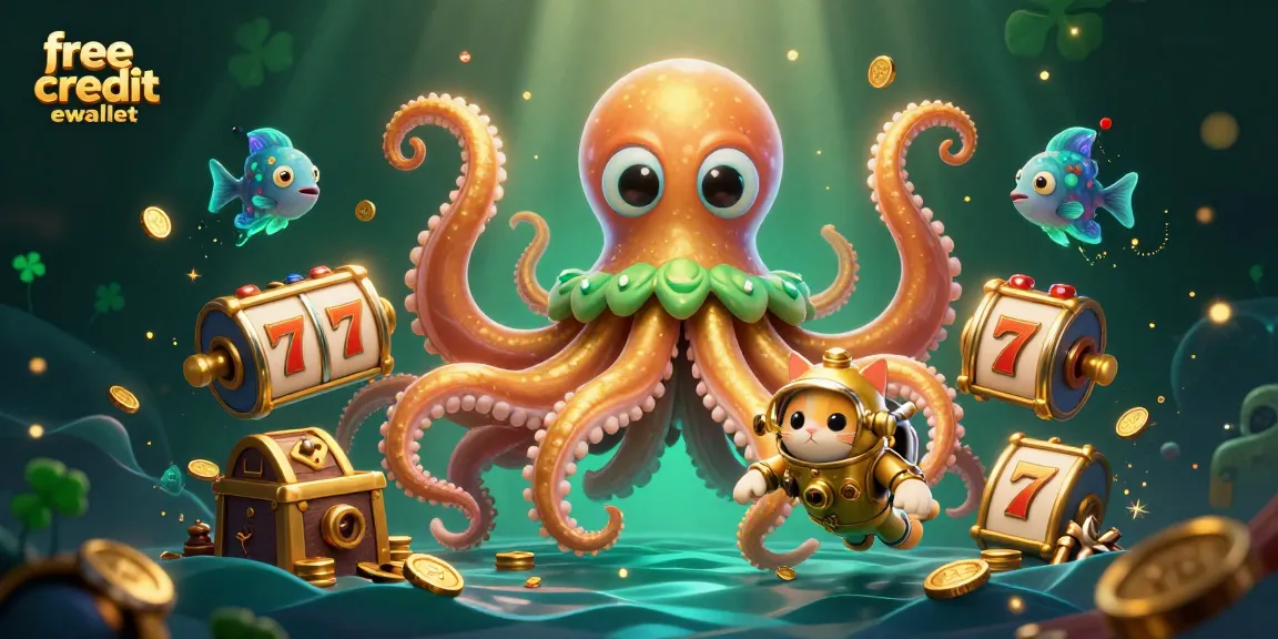Engage with free credit ewallet opportunities amidst a thrilling 3D casino scene featuring a kraken and diving cat.