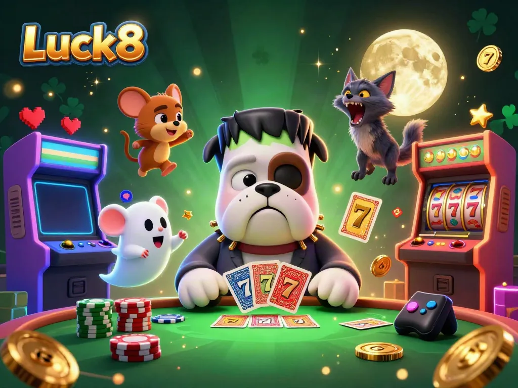 Experience thrilling card games at Luck8 with a cartoon bulldog dealer and playful characters.