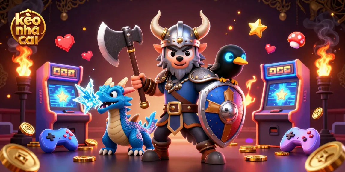 Engage in thrilling kèo nhà cái action with a Viking wolf warrior, dragon, and vibrant gaming elements.