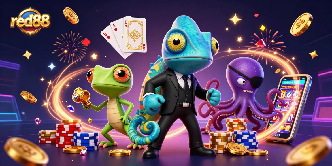 Experience the excitement of red88 with a vibrant casino scene featuring dynamic characters and sparkling elements.