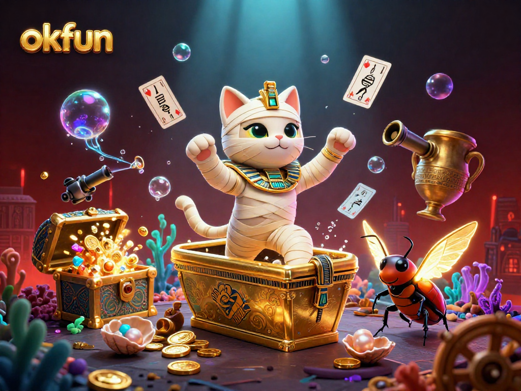 Experience thrilling gameplay at okfun with an Egyptian mummy cat bursting from a magical treasure scene.