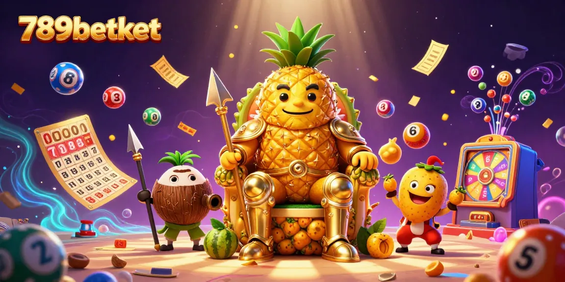 Experience the vibrant energy of 789betket, featuring a pineapple king surrounded by lottery elements.