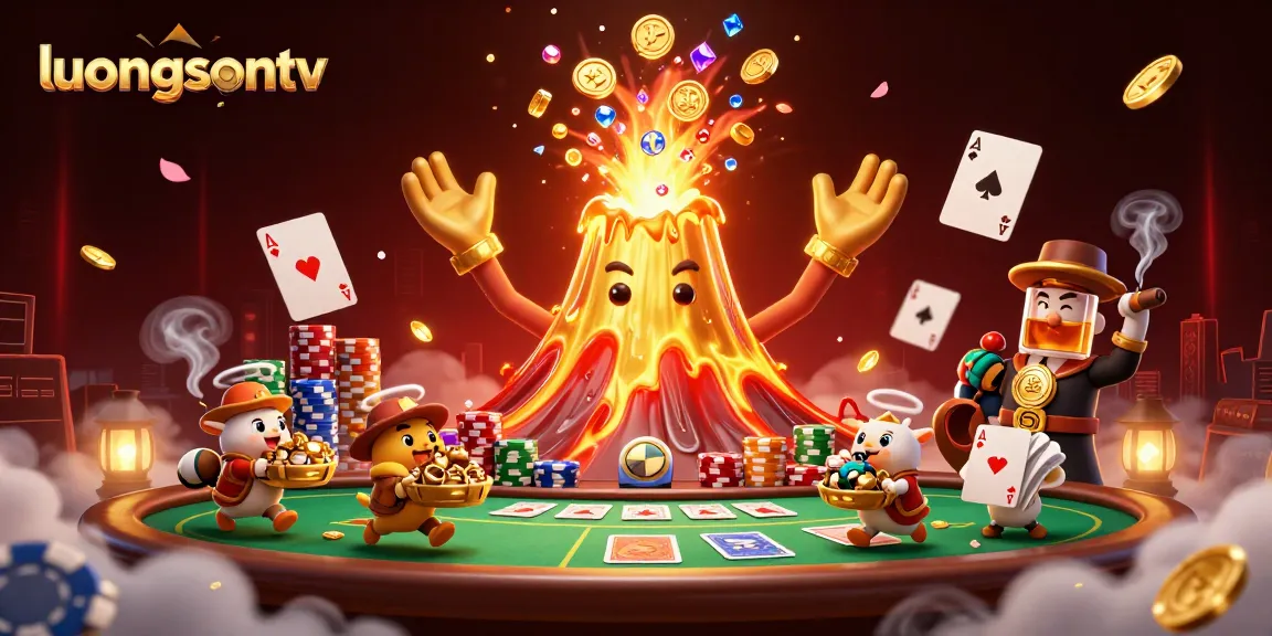 Experience the excitement of luongsontv with a triumphant golden volcano and explorer animals amidst casino elements.