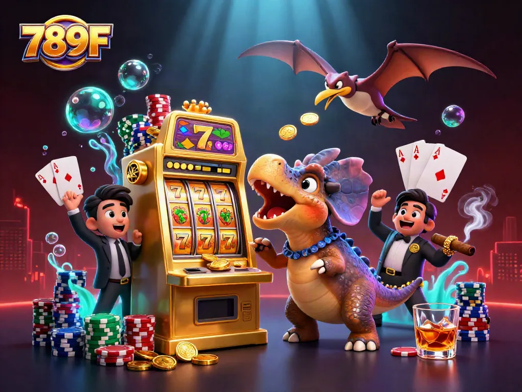 Experience the thrill of 789F as a cartoon dinosaur wins big with jackpot coins at the casino.