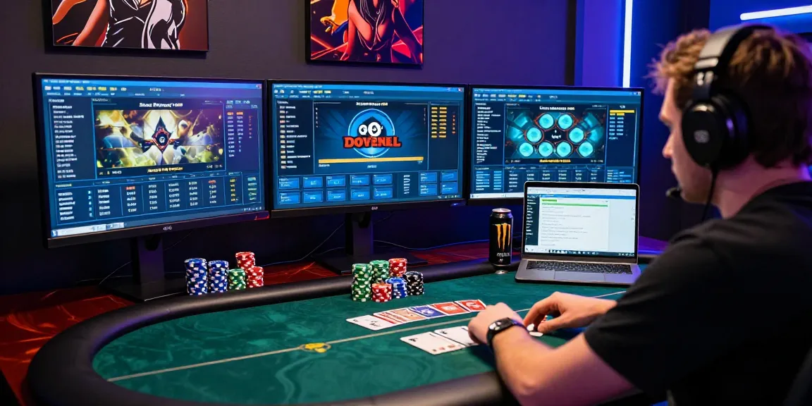 Situs Poker Online Resmi Domino88 engaging online poker gaming setup with vibrant ambiance and strategic focus