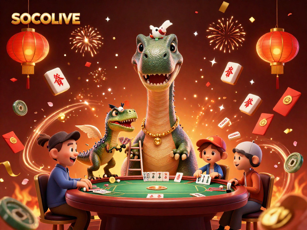 SOCOLIVE showcases an animated brontosaurus in a casino as it watches a clever raptor deal cards, creating an exciting gambling ambiance.