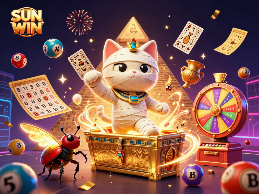 SUN WIN illuminates a dynamic pyramid casino scene with exciting gambling elements and characters