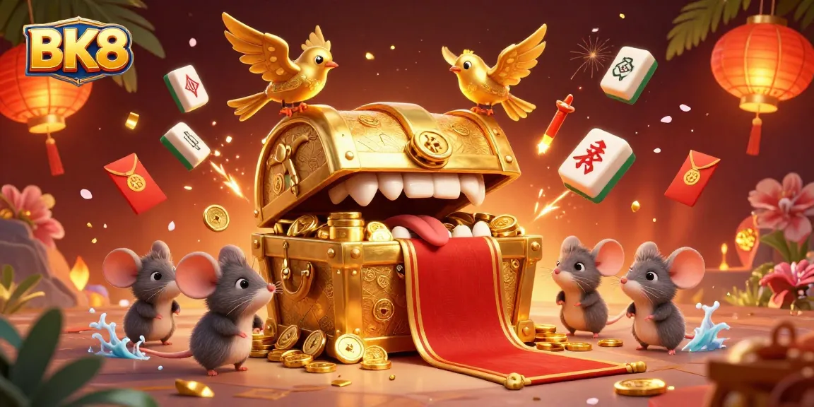 Play and win big at BK8 with this dynamic 3D casino-themed illustration featuring treasure and excitement.