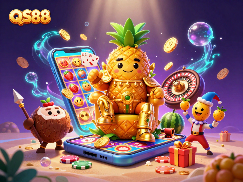 Engage in QS88's beach casino with the golden pineapple king and vibrant gambling elements.