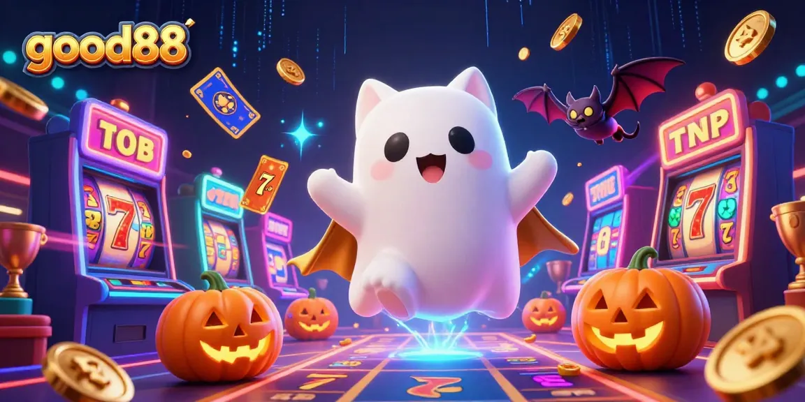 Engage with good88 among vibrant slot reels, ghostly characters, and exciting casino elements.