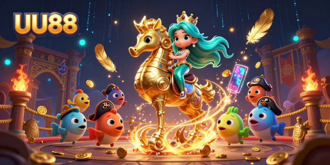 Engage with UU88's vibrant gaming scene featuring a mermaid princess and seahorse in a dynamic casino atmosphere.