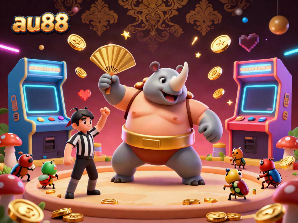 Engage with the exciting world of au88 as a rhinoceros beetle sumo champion performs under dazzling lights in a thrilling casino scene.