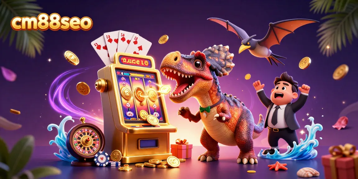 Experience thrilling jackpots with cm88seo - cartoon dinosaurs and a casino scene bursting with coins!