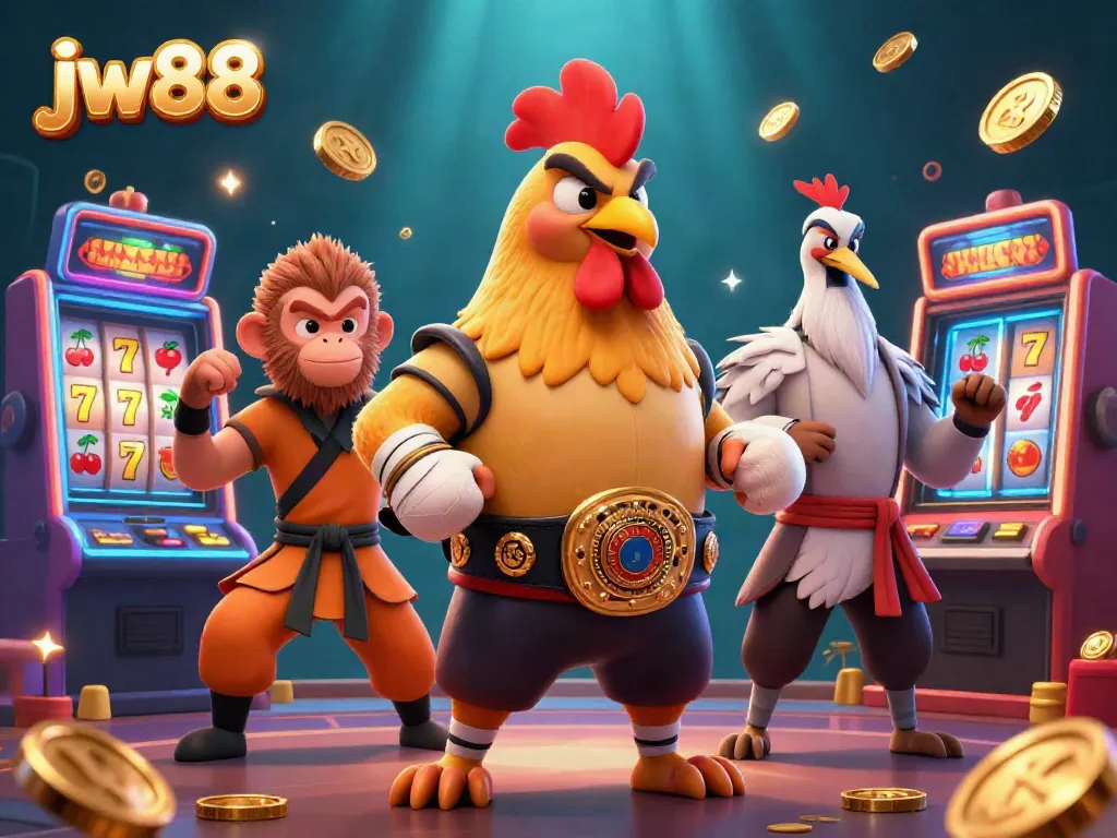 Play the exciting slots at jw88 featuring Muay Thai rooster and monkey masters amidst golden coins.