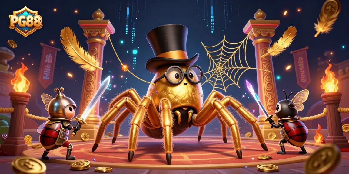 Experience thrilling adventures at PG88 with a golden tarantula and beetle knight in a vibrant casino scene.