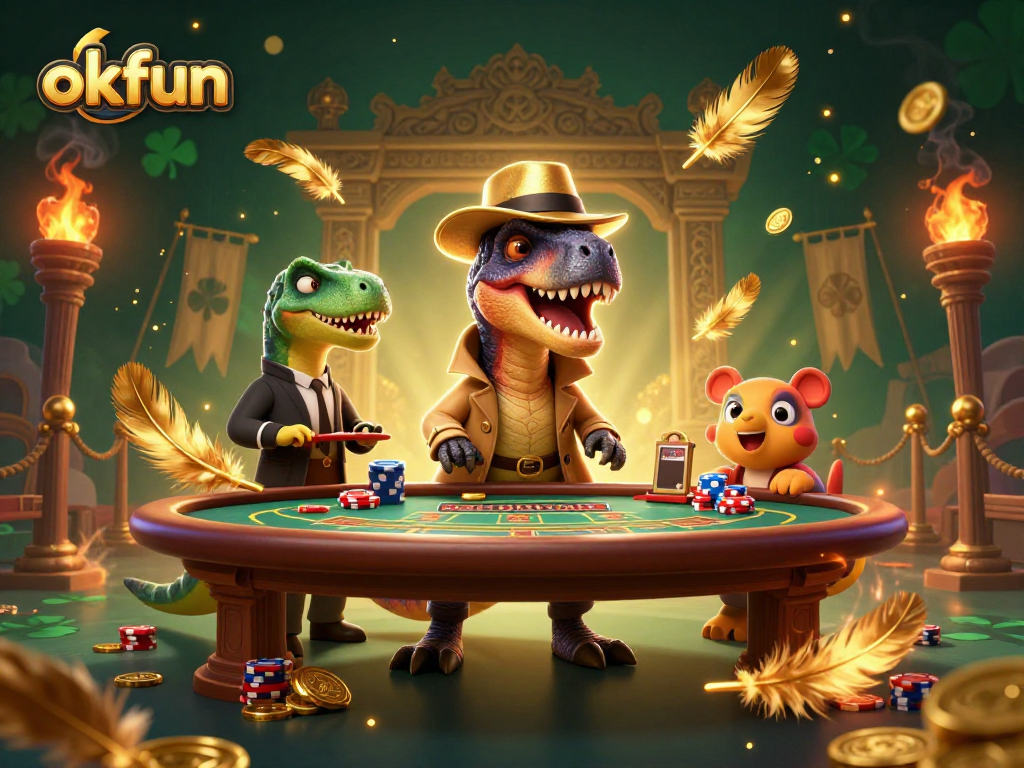 Experience the thrill of gambling with okfun as a 3D velociraptor card counter and friends at a vibrant casino table.