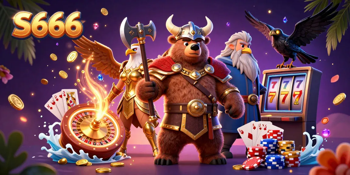 Experience thrilling games at S666 with a Viking berserker and Valkyrie, set against a dynamic casino backdrop.