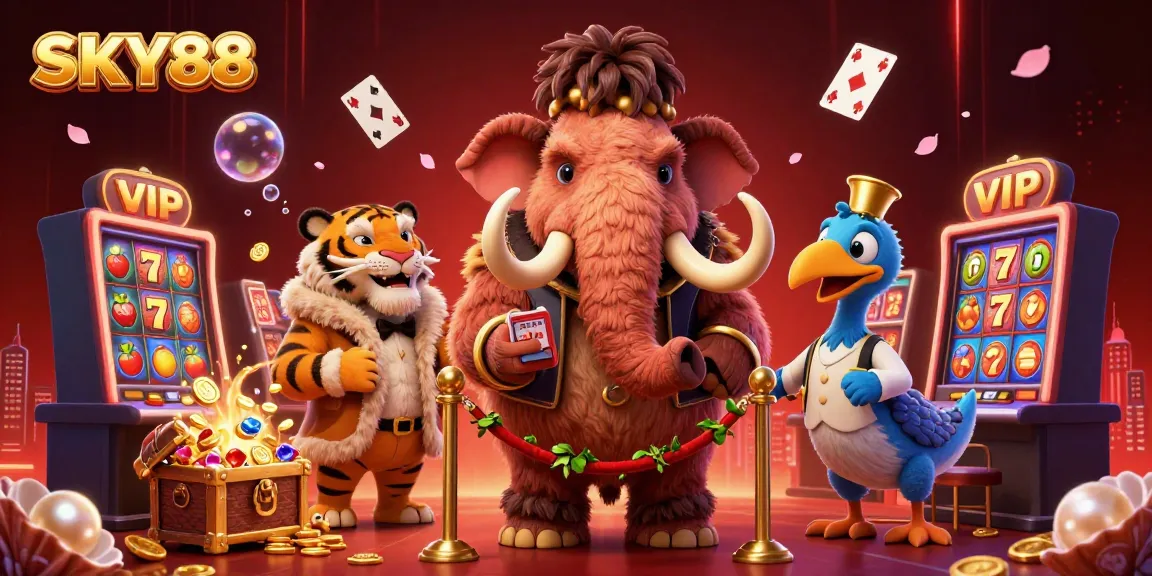 Experience the excitement at SKY88 casino with a vibrant 3D illustration featuring a bouncer and VIP guests.