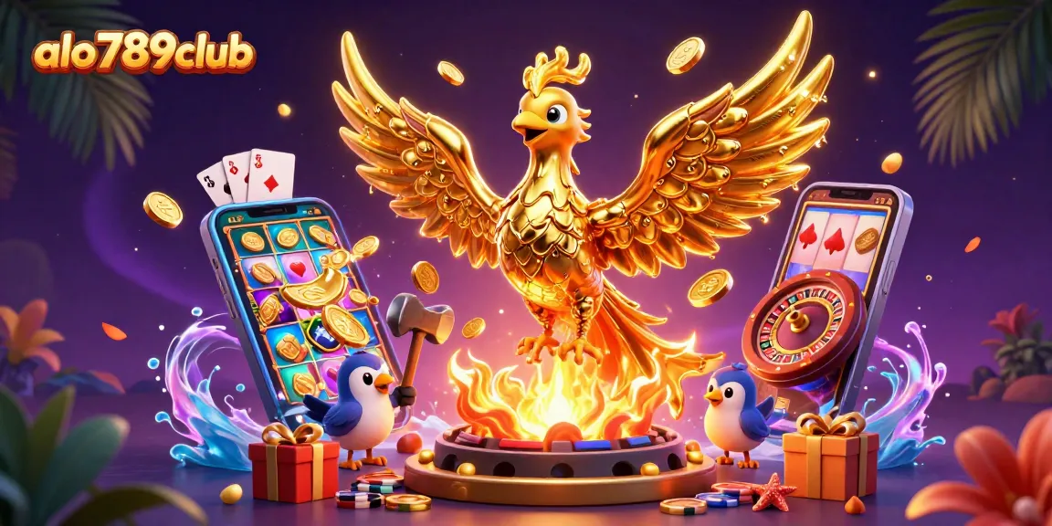 Experience the fortune of winning with alo789club's exhilarating gaming action featuring molten phoenix, coins, and vibrant casino elements.