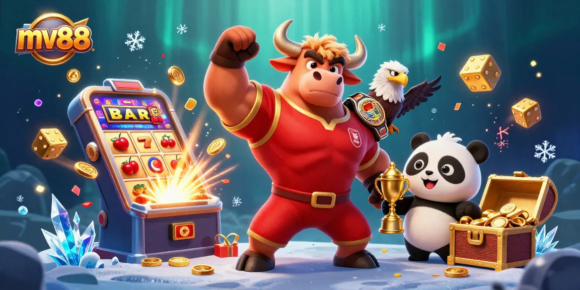 Win big with mv88 as a dynamic mascot trio celebrates a jackpot while surrounded by vibrant casino elements.