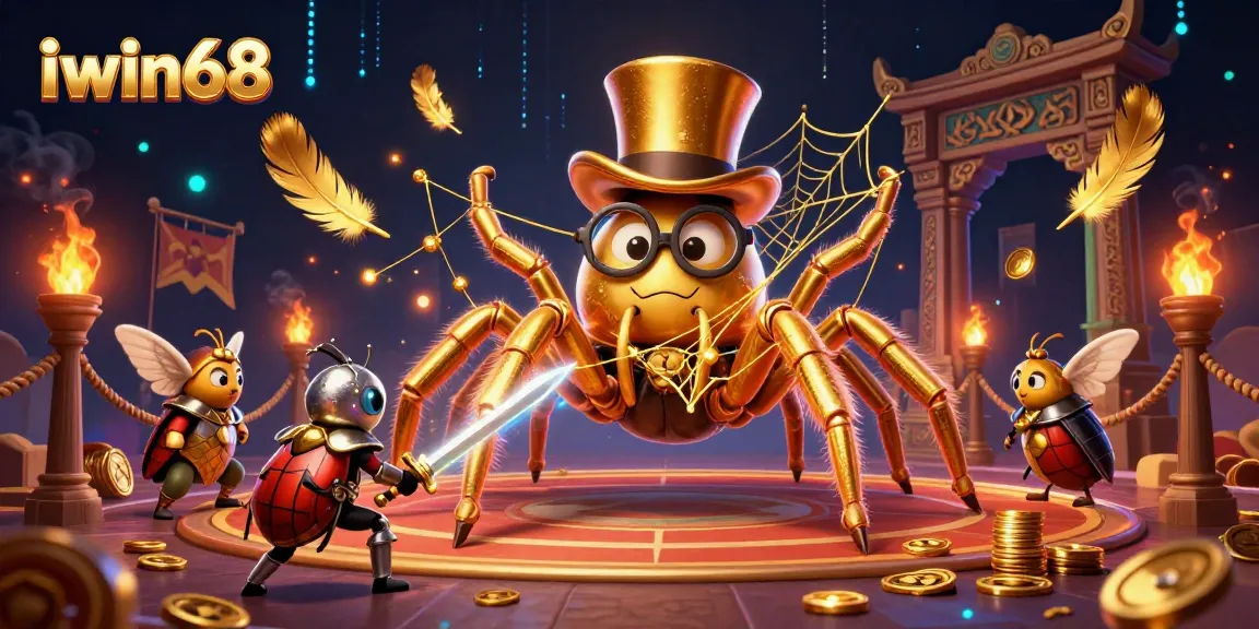 A brave beetle knight faces off against a golden tarantula in a vibrant iwin68 casino scene.
