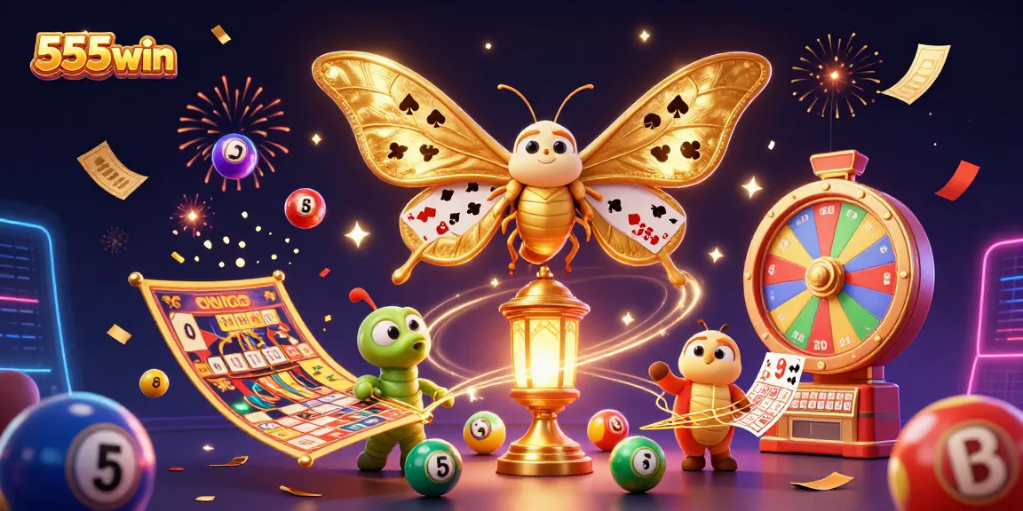 Engage in immersive gameplay with 555win, featuring a vibrant scene of lottery and casino elements.