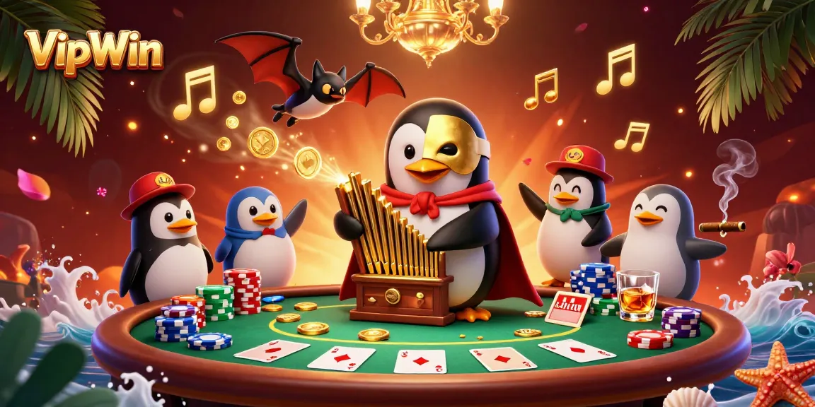 Engage with the excitement of VipWin as the phantom opera penguin plays while coins fly and poker chips stack around.