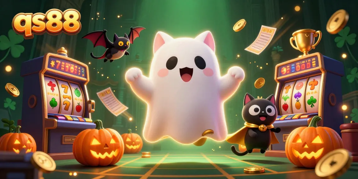 Experience thrilling gameplay at qs88 with ghost cat amidst vibrant casino elements and gold coins.