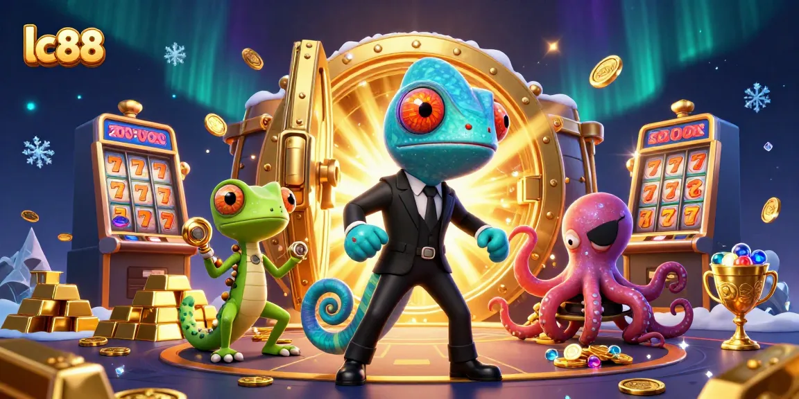 lc88 highlights vibrant casino features with a lively chameleon, gecko, and octopus amidst bustling gameplay.