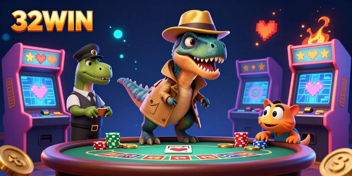 32WIN comes to life as a velociraptor card counter and friends create a dynamic casino scene.